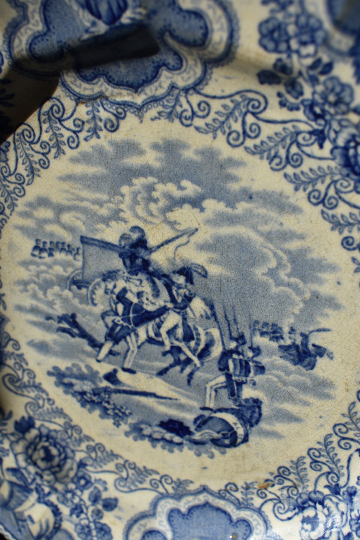 Antique Staffordshire plate, “Texian Campaigne” pattern, Anthony Shaw for the American market.