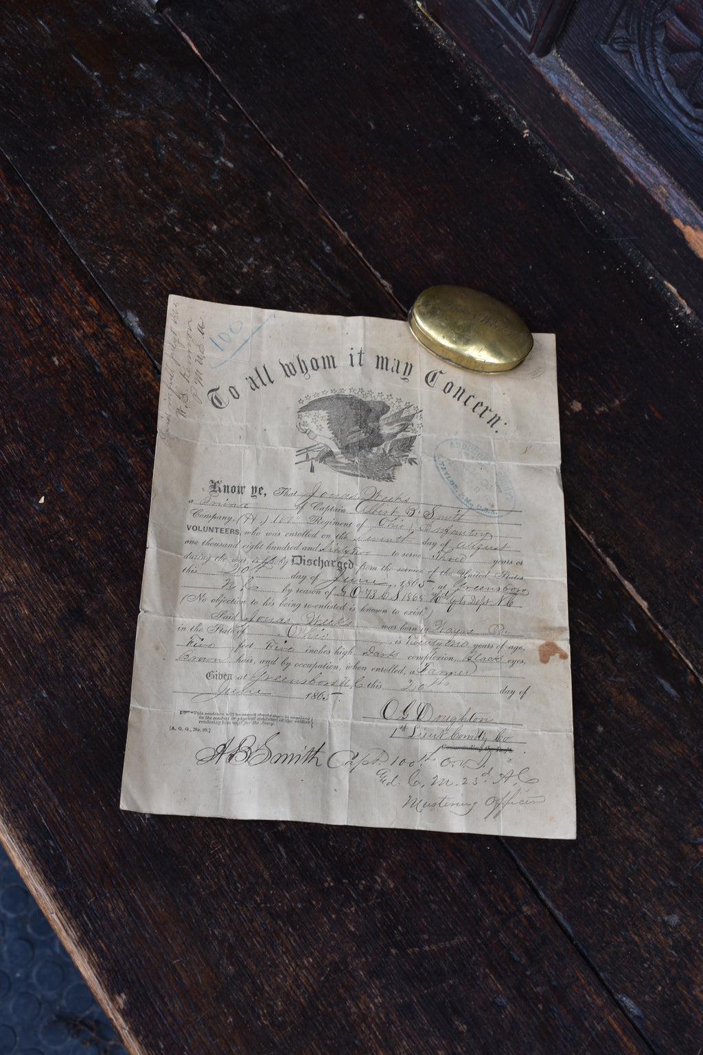 American Civil War 19th Century Oval Brass Snuff Box & Discharge Paper of Private Jonas Weeks