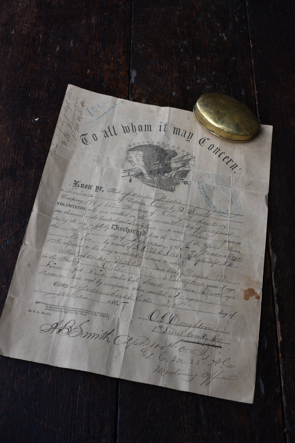 American Civil War 19th Century Oval Brass Snuff Box & Discharge Paper of Private Jonas Weeks