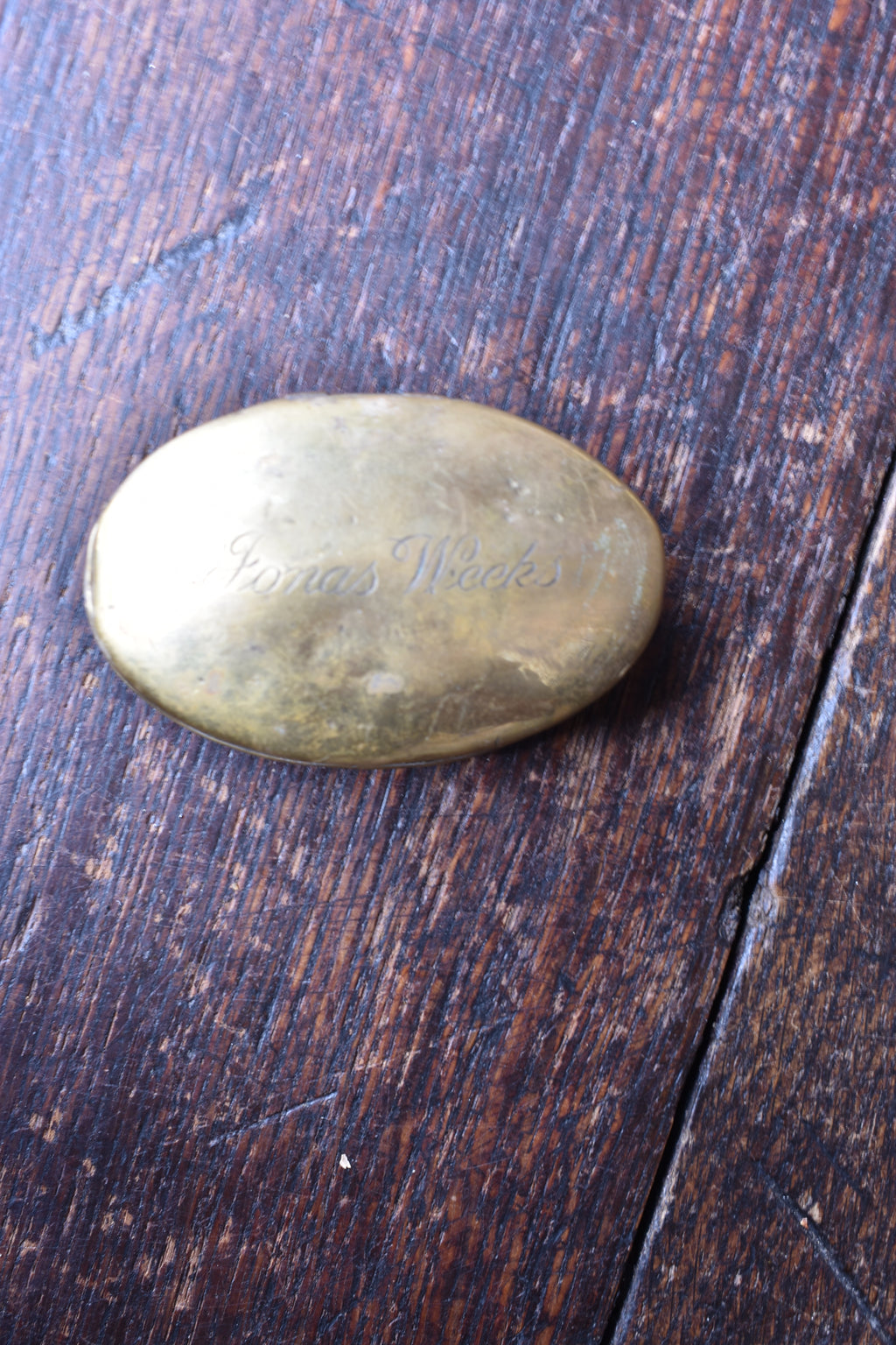 American Civil War 19th Century Oval Brass Snuff Box & Discharge Paper of Private Jonas Weeks