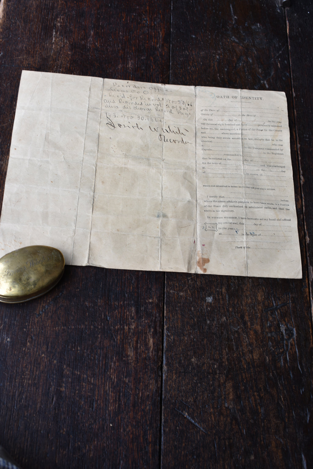 American Civil War 19th Century Oval Brass Snuff Box & Discharge Paper of Private Jonas Weeks