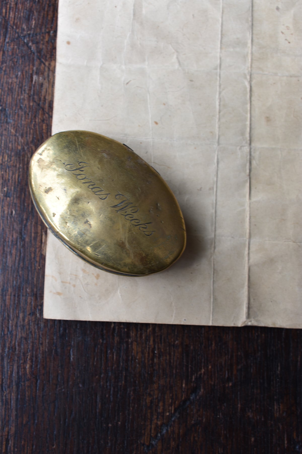 American Civil War 19th Century Oval Brass Snuff Box & Discharge Paper of Private Jonas Weeks