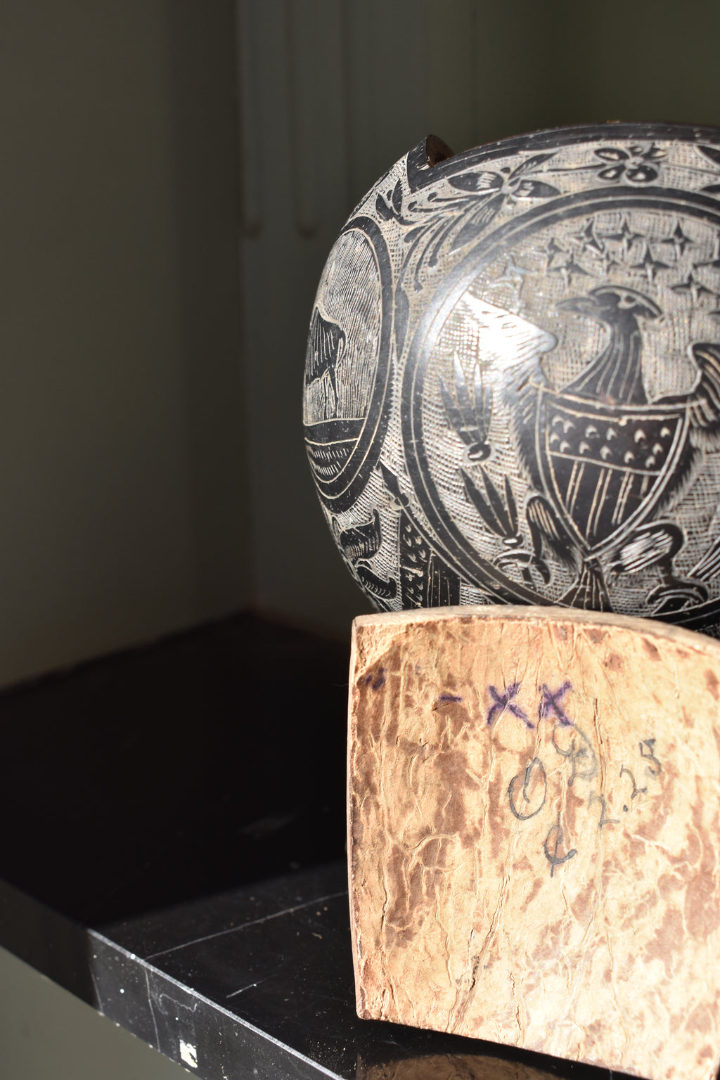 Carved 19th Century Antique Bugbear, Box folk-art tribute to the USA