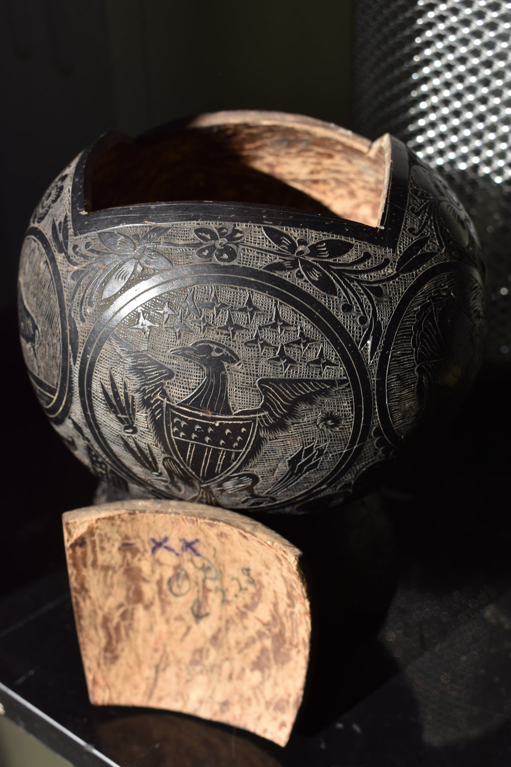 Carved 19th Century Antique Bugbear, Box folk-art tribute to the USA