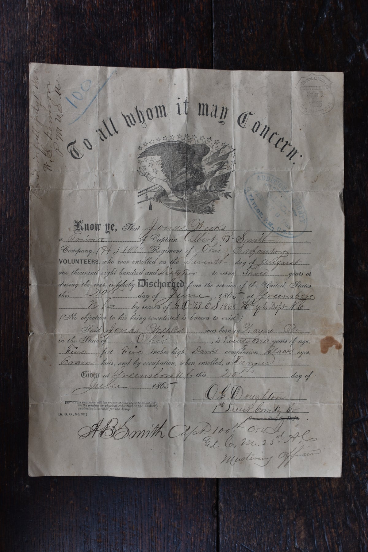 American Civil War 19th Century Oval Brass Snuff Box & Discharge Paper of Private Jonas Weeks