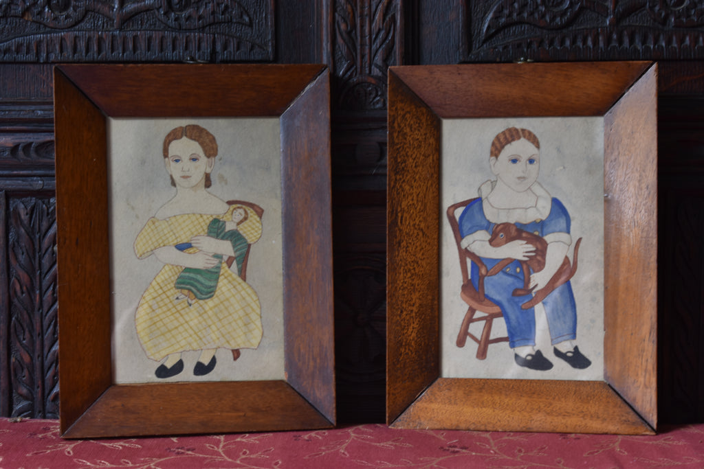 Pair of 19th Century American Naïve Watercolour Portraits of Children