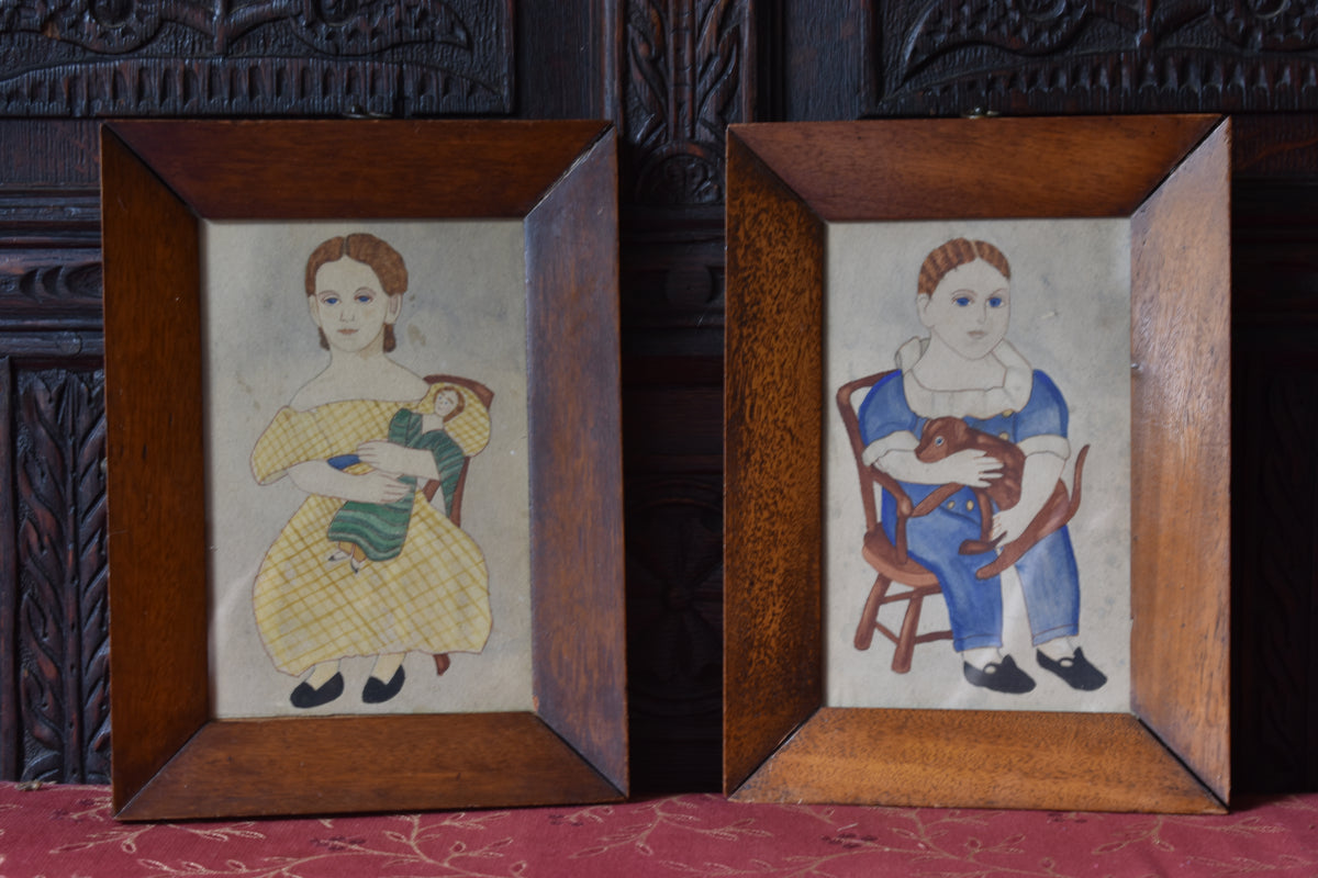 Brother & Sister attended by their Toys - Naïve School 19th Century American, Primitive Watercolour Pair