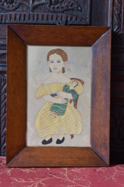 Brother & Sister attended by their Toys - Naïve School 19th Century American, Primitive Watercolour Pair