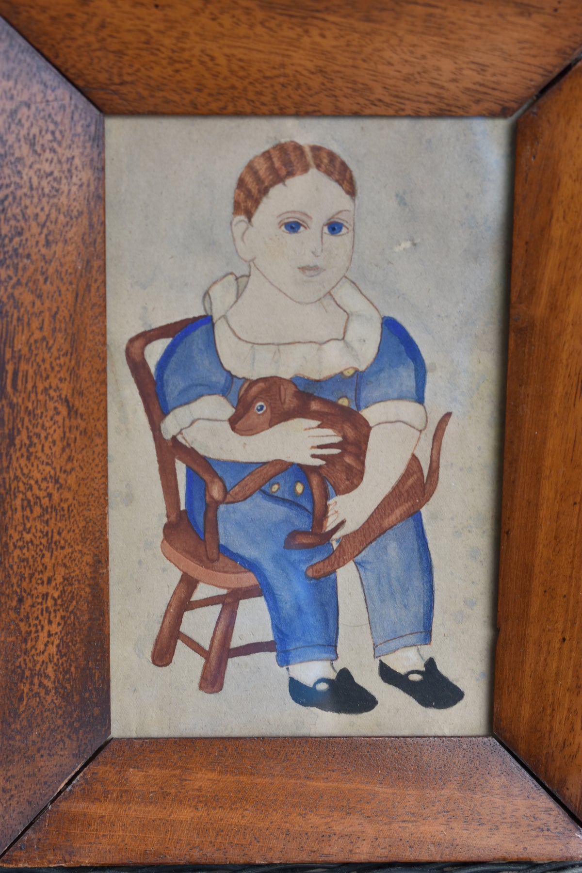 Brother & Sister attended by their Toys - Naïve School 19th Century American, Primitive Watercolour Pair