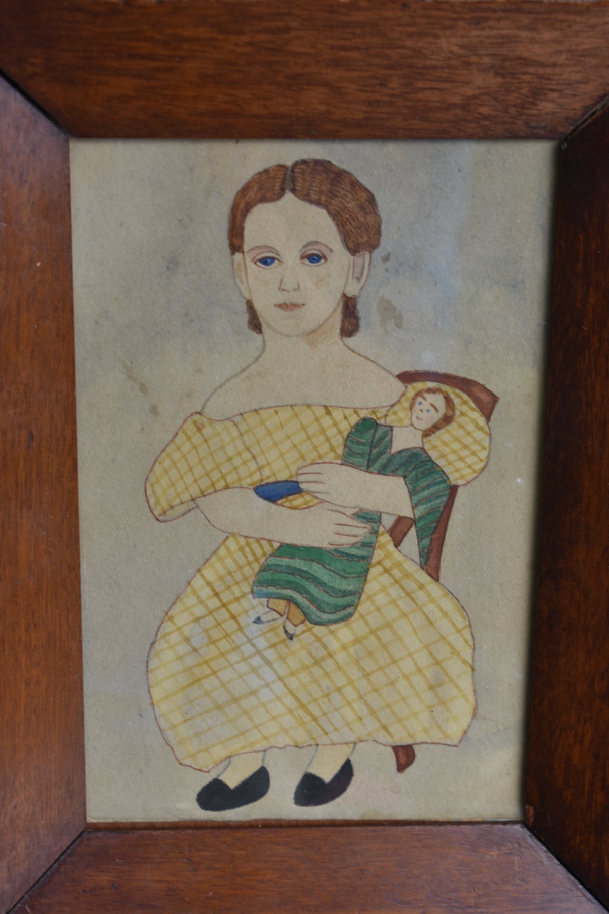 Brother & Sister attended by their Toys - Naïve School 19th Century American, Primitive Watercolour Pair